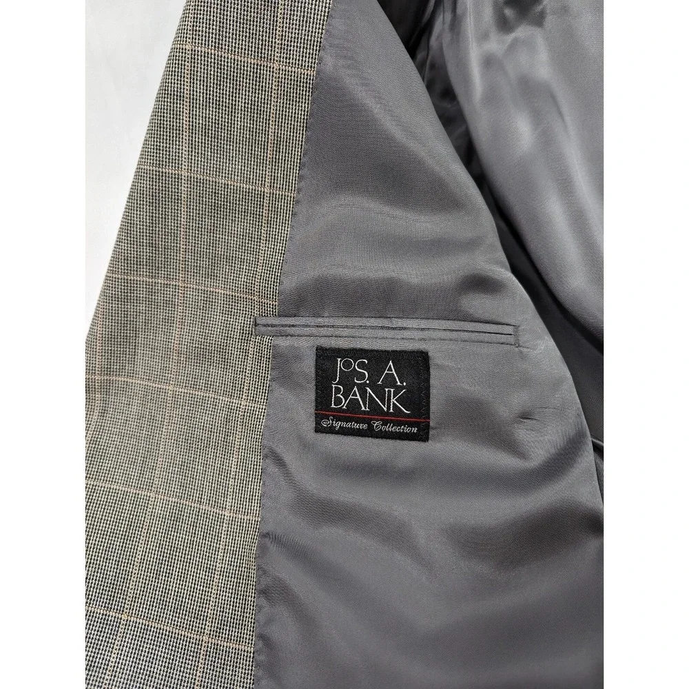 Jos A Banks Silk‎ Wool Gray Windowpane Blazer Sports Jacket Coat 46R Crosshatch